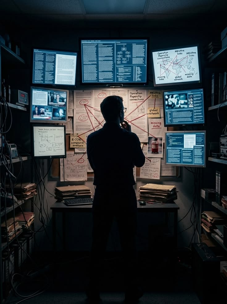 Investigator reviewing evidence and intelligence in an operations center